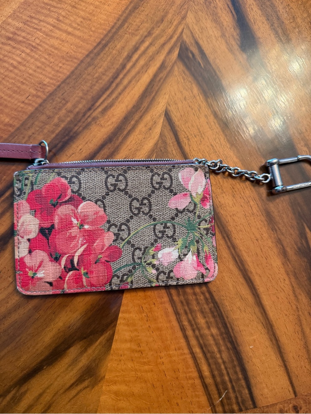 Gucci Brown GG Floral Wristlet Pouch with Pink Flowers